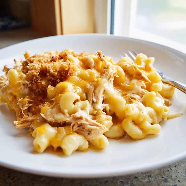 Savory Classic Mac & Cheese featuring tender BBQ chicken, bubbling with melted cheese.  