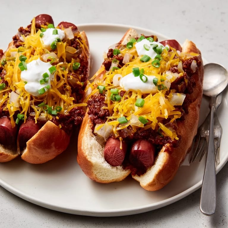 Comforting bowl of Chili Dog Casserole topped with melted cheddar and fresh chives.