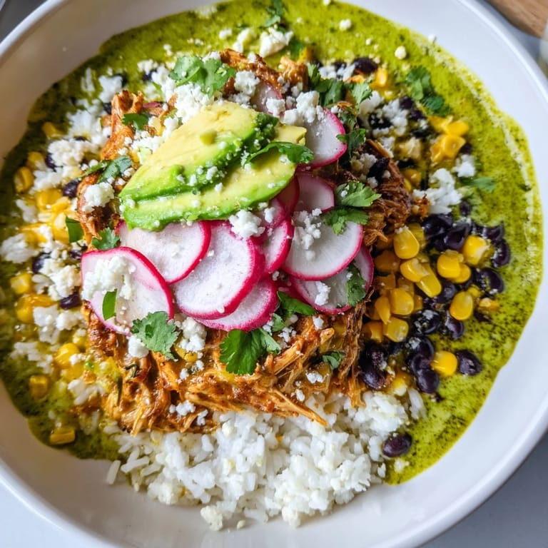 Enjoy a visually appealing Green Enchiladas Rice Bowl: vibrant ingredients like avocado and cilantro, ready to eat.