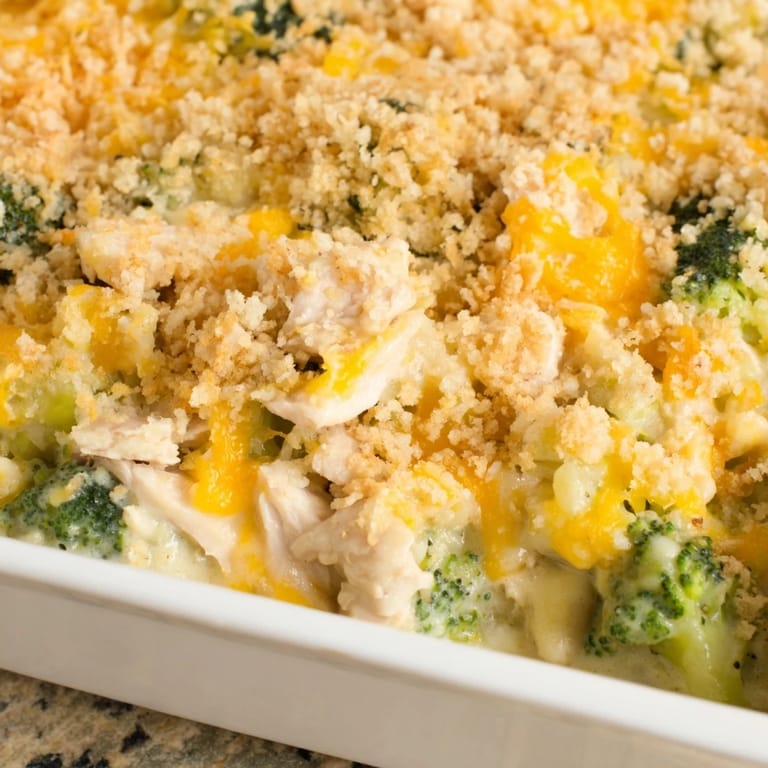 Rich, cheesy Chicken & Broccoli Cheddar Bake with tender chicken pieces and vibrant green broccoli florets.