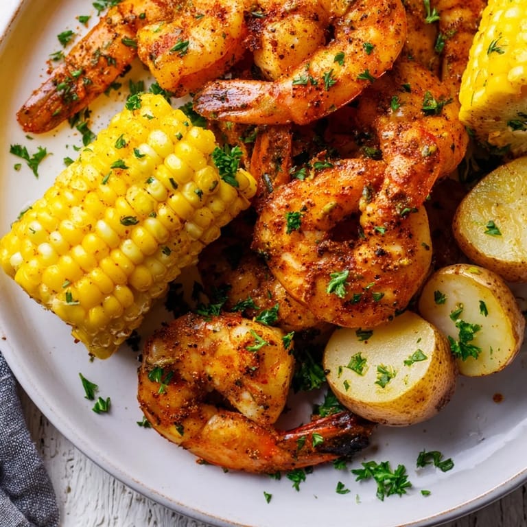 A tempting close-up of a Cajun Shrimp & sweet corn platter; juicy shrimp, and perfectly cooked corn.
