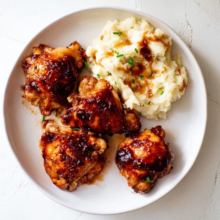 Oven-baked honey BBQ chicken thighs, the sauce bubbling over the skin, paired with creamy mashed potatoes.