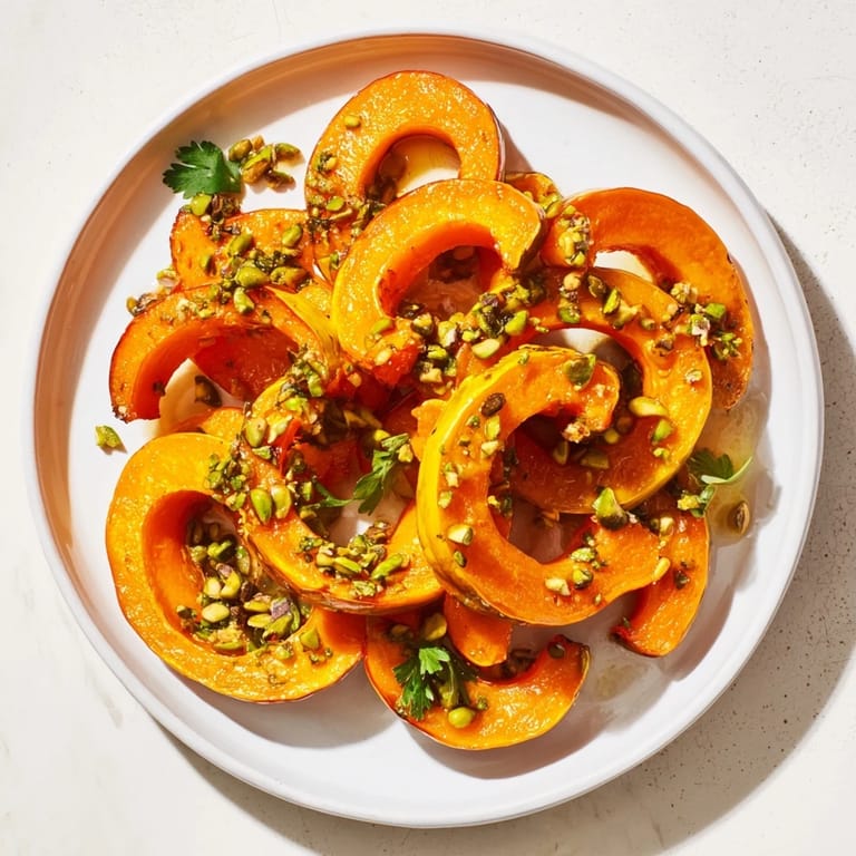 Deliciously roasted Baked Delicata Squash Rings, glistening with maple syrup and sprinkled with green parsley.