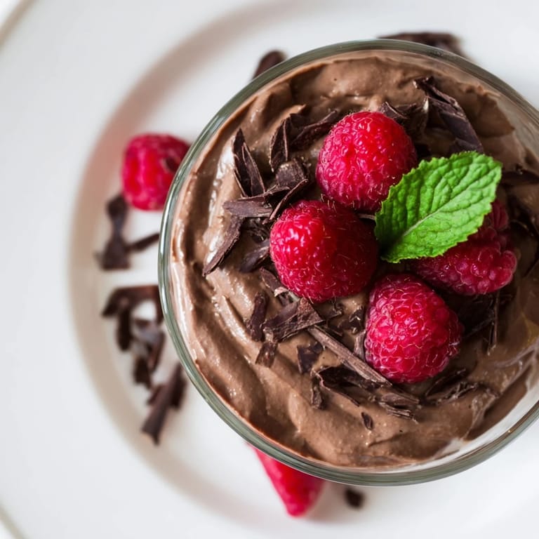 A close-up of chilled avocado chocolate mousse, ready to enjoy with juicy, fresh raspberries on top.