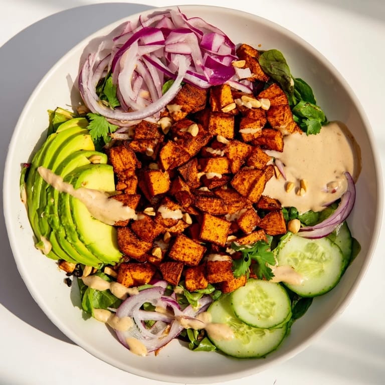 Vibrant Spiced Peanut Sweet Potato & Radicchio Salad Bowl with avocado and peanuts, drizzled with savory dressing.