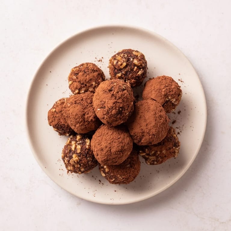 These delightful Date & Walnut Truffles are ready, beautifully coated with a generous cocoa dusting.