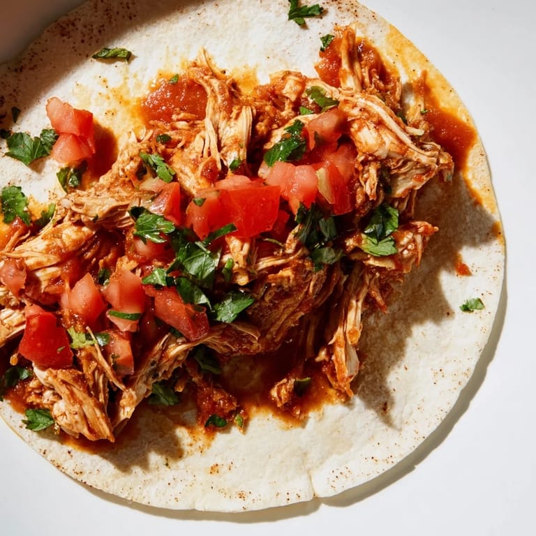 A delicious close-up of fully loaded Crock-Pot shredded chicken tacos, showcasing the tender meat and toppings.