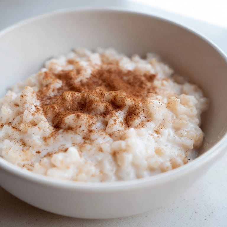 Fluffy, sweetened Rice Pudding with Leftover Rice, simmering in a saucepan, ready to serve warm.