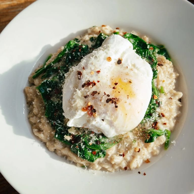 This beautiful bowl of savory oatmeal offers a creamy texture and is garnished with fresh spinach.