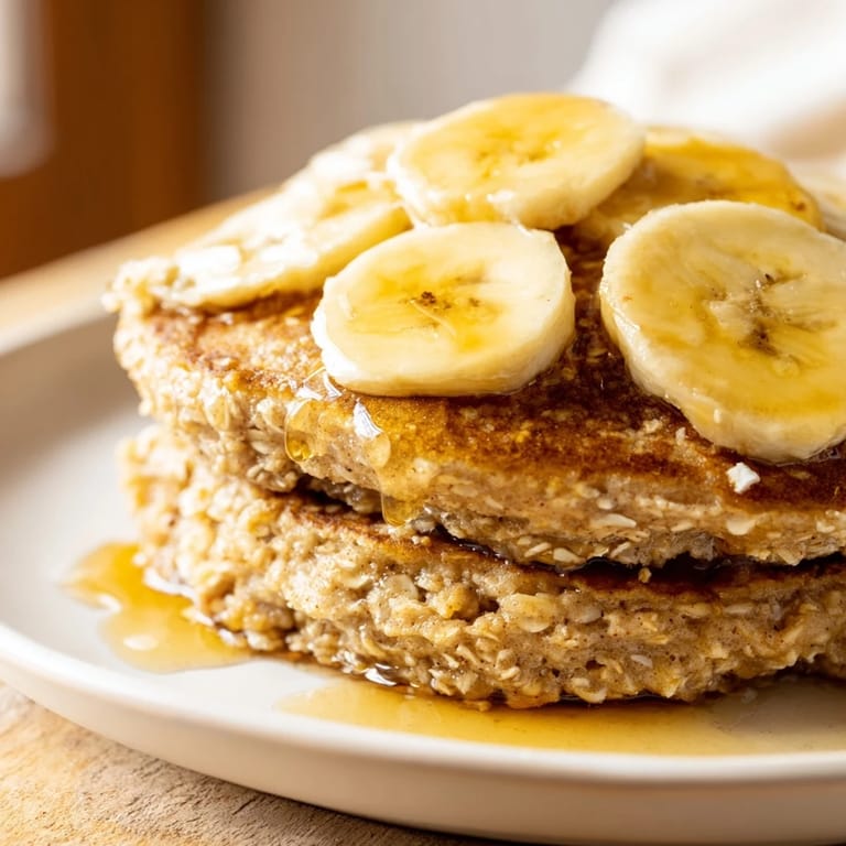Close-up of fluffy banana oat pancakes; a stack being prepared for a satisfying American meal.