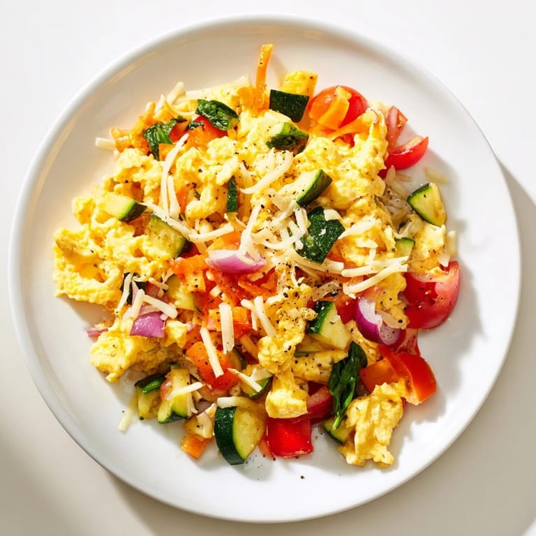 Roasted vegetables and eggs come together in this easy sheet pan scramble, perfect for a hearty brunch.