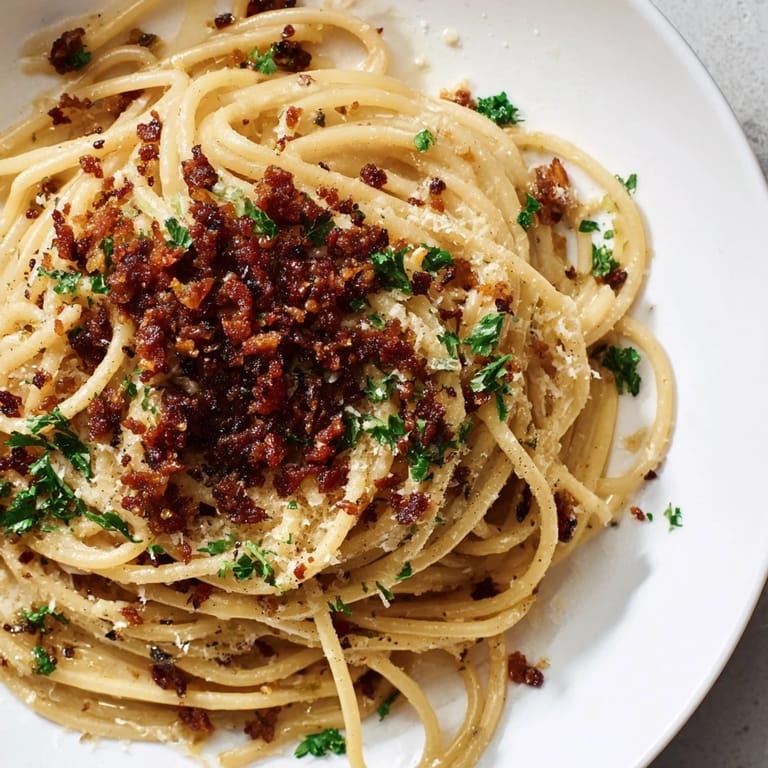 Deliciously plated Garlic Butter Pasta, the dish's flavor enhanced by Parmesan and bacon crumble.