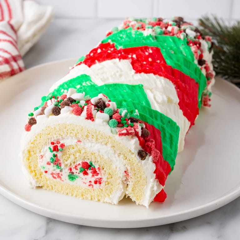 A close-up of a whimsical Ugly Sweater Cake Roll, showing vibrant frosting patterns and tasty decorations, ready to serve..
