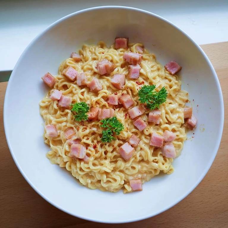 A close-up of delicious Carbonara Ramen Fusion, showcasing creamy sauce and perfectly cooked noodles.