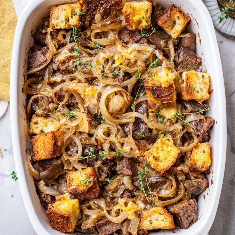 Homemade French Onion Pot Roast Casserole with caramelized onions, a hearty and flavorful dinner option.