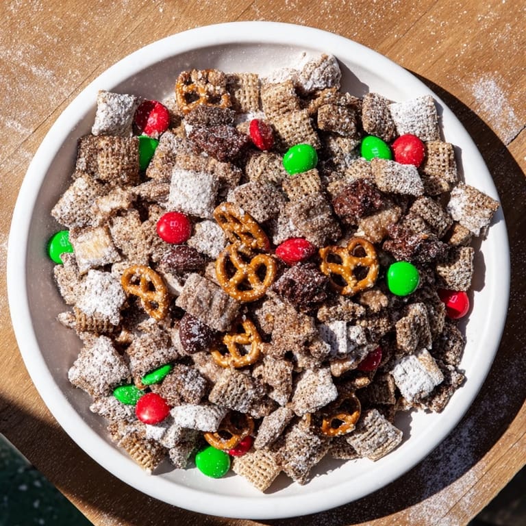 This amazing photo of Simplified Reindeer Chow shows a crunchy, coated snack ready for sharing and enjoyment.