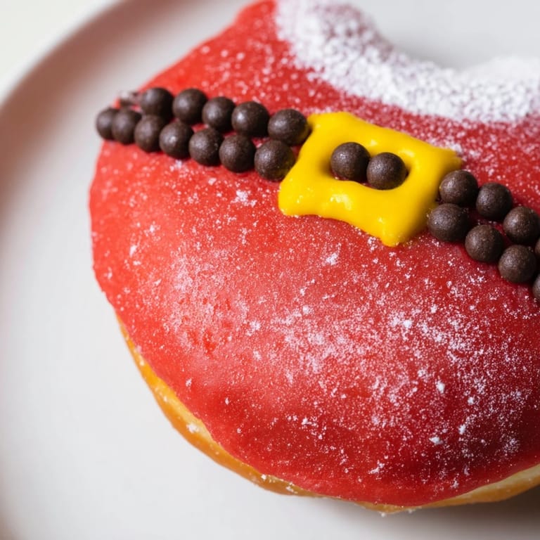 Homemade Santa Belly Donuts boast vibrant red icing and chocolate chip "belts" for a sweet treat.