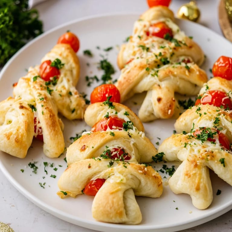 Freshly baked Budget Christmas Crescent Roll Trees, topped with vibrant red tomato "ornaments," ready to eat.
