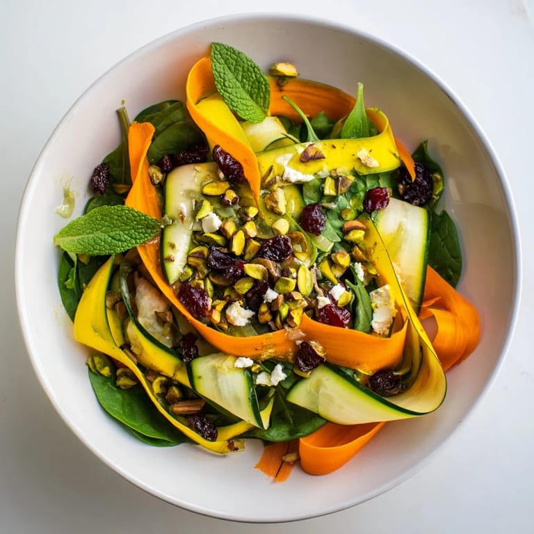 This stunning Pistachio and Cranberry Ribbon Salad features layered vegetable ribbons, ideal for a light lunch.