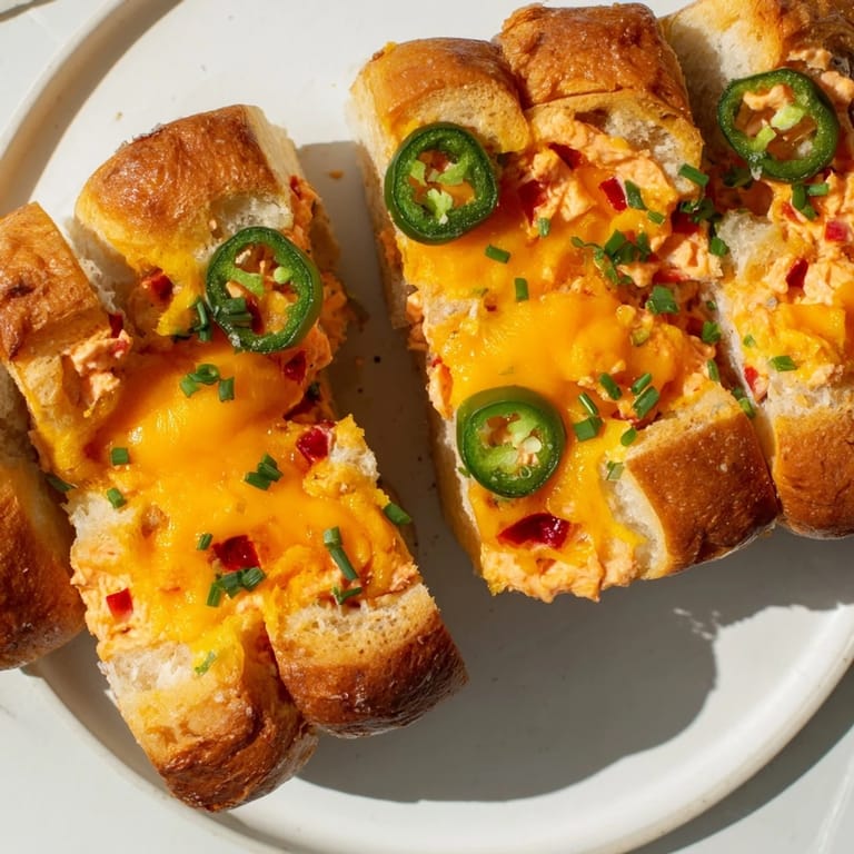Melty, cheese-filled sections of Pimento Cheese & Jalapeño Pull-Apart Grilled Cheese, showcasing jalapeño slices.