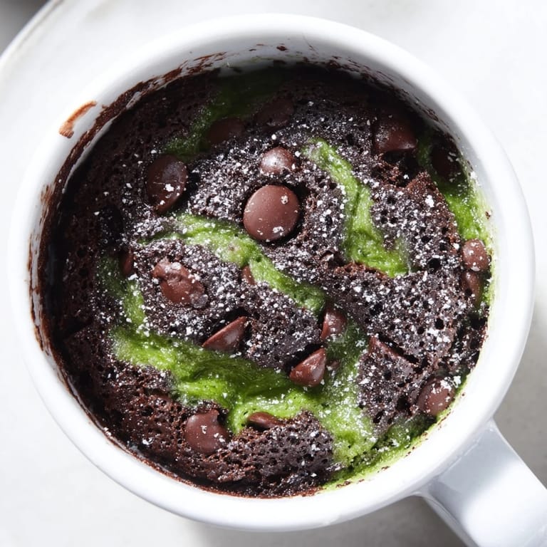 Fudgy, rich matcha peppermint brownie mug cake, swirled with melted chocolate, ready to eat in a mug.