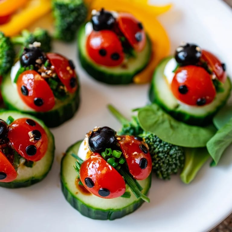 Vivid Ladybug Garden Platter appetizer, a fun arrangement with mozzarella, olives, and fresh vegetables for serving.