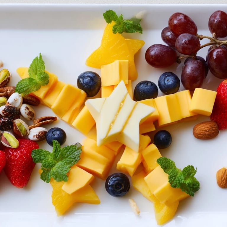 A stunning Shooting Star Snack Board featuring gouda, mango stars, and nuts for the perfect party appetizer.