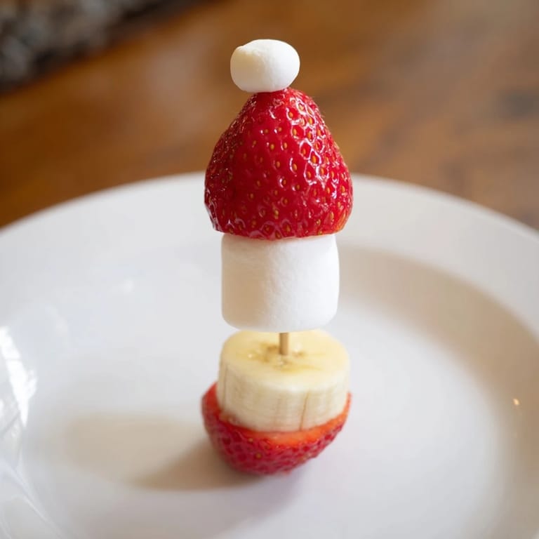 Delicious and easy, these Strawberry Banana Santa Sticks feature a strawberry hat, banana face, and marshmallow beard.