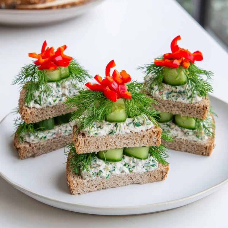These creamy and cool Cucumber and Cream Cheese Tree Stacks are beautifully garnished and perfect for a party.