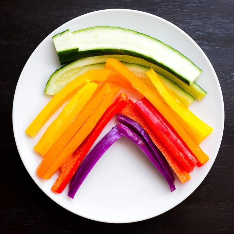 Crisp Rainbow Arch Veggie Sticks, from red bell pepper to purple, ready to be dipped and savored.