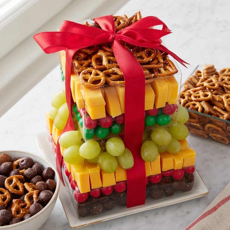 Festive Stacked Christmas Gift Snack Tower: Layers of treats wrapped with ribbon, perfect for holiday gatherings.