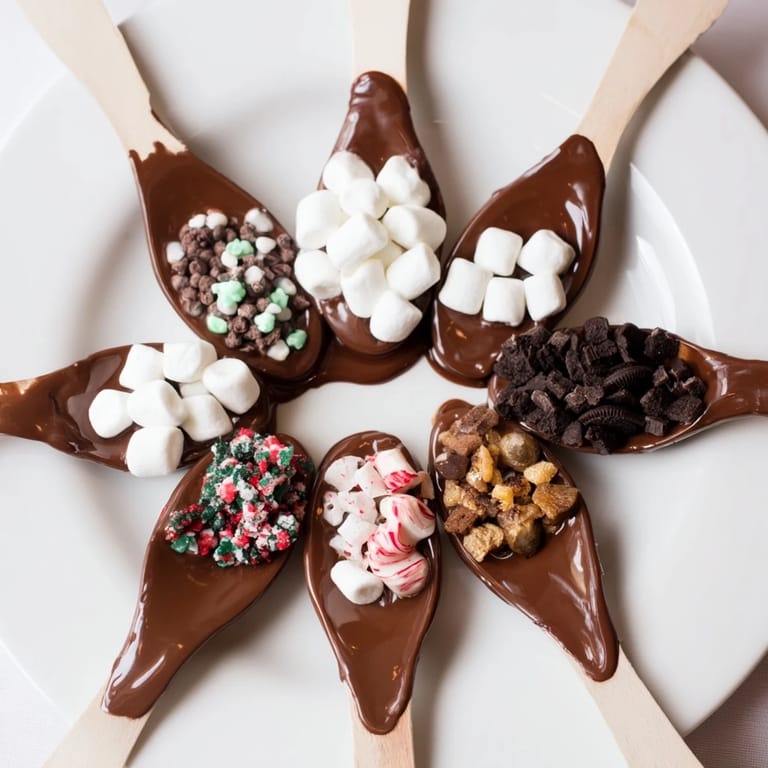 See a tempting Hot Chocolate Spoon Toppings board with spoons ready to stir into warm milk, topped with treats.