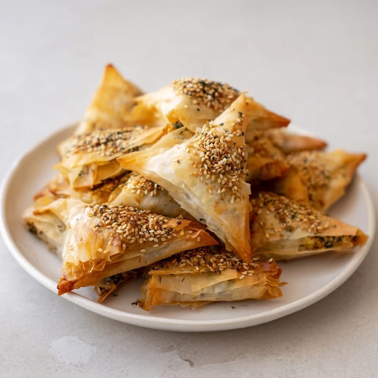 A cluster of baked Mini Spanakopita triangles, with flaky pastry, brimming with herbs and cheese filling.