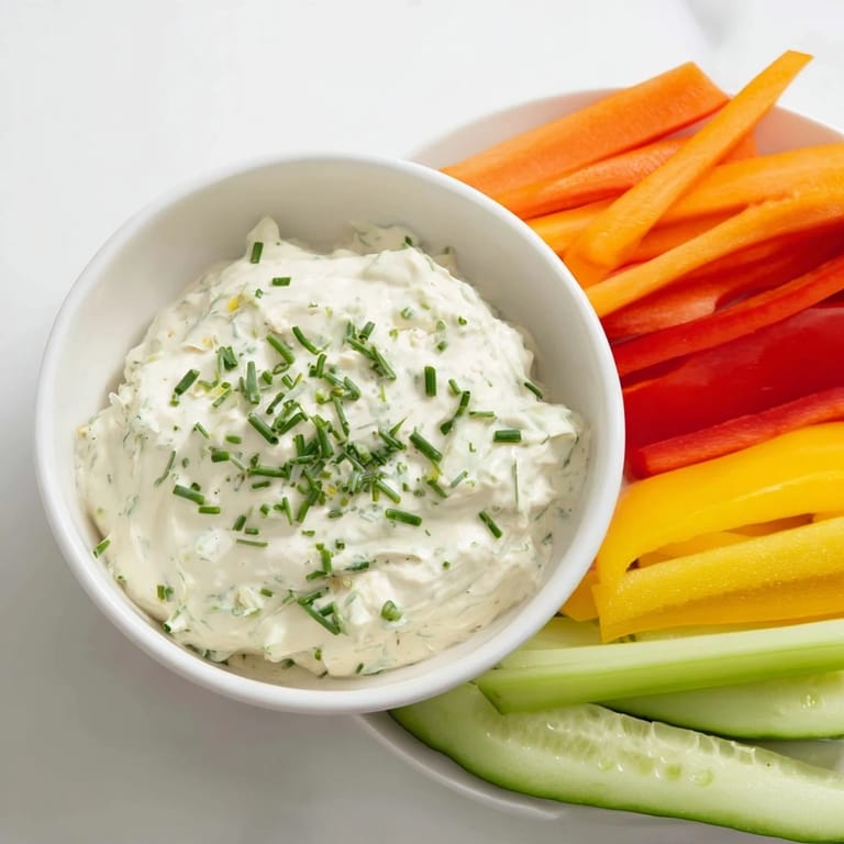 A close-up shot of the Kids Dip showcases its creamy texture, paired with fresh vegetable dippers for a snack.