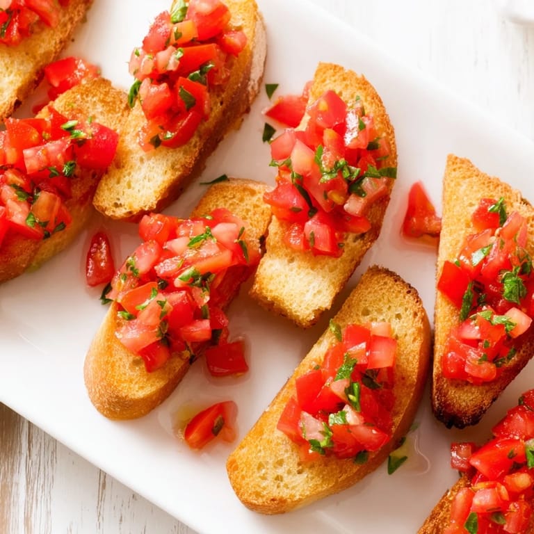 Close-up of delicious Bruschetta toasts with ripe tomatoes, basil, and garlic, ready to be enjoyed.