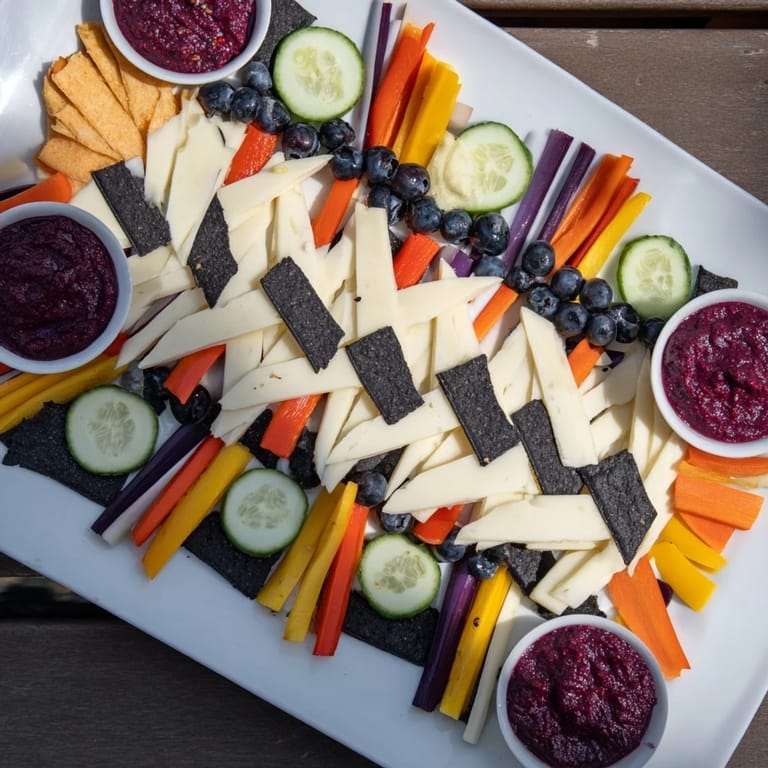 Zig-Zag Lightning Strike appetizer with black wax gouda and crisp vegetables for dipping and enjoying.