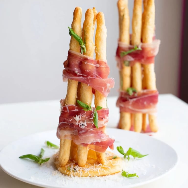 Crisp breadsticks support flavorful prosciutto “bridges” in this simple and elegant Golden Gate appetizer, perfect for sharing.