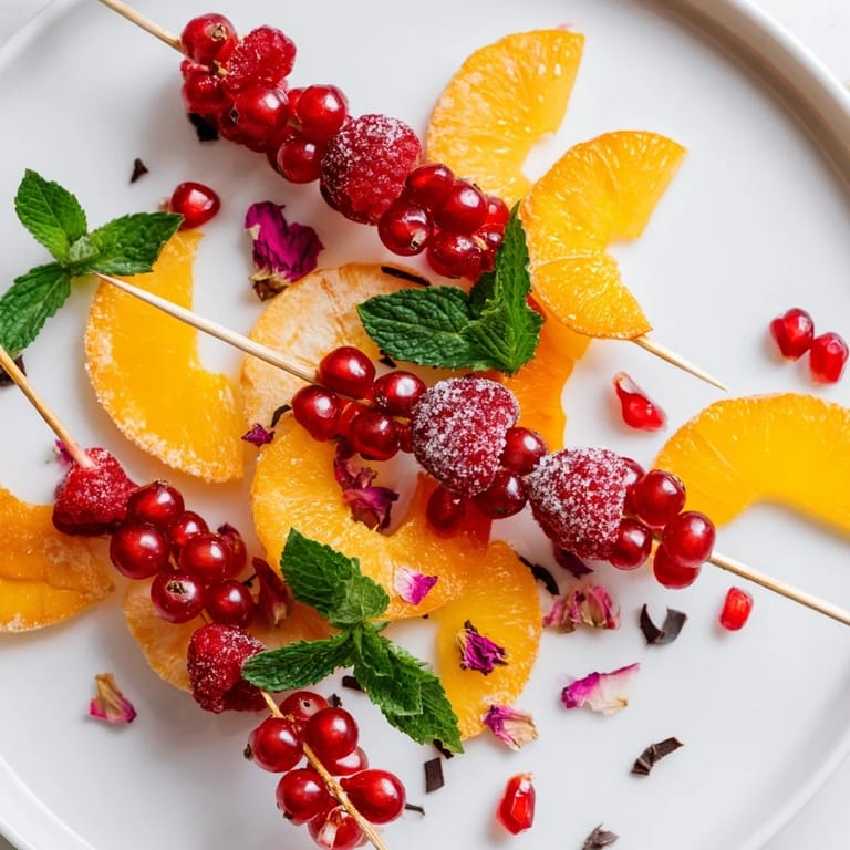 Elegant Baisers de Minuit recipe garnishes, featuring pomegranate seeds, mint, and edible rose petals on skewers.