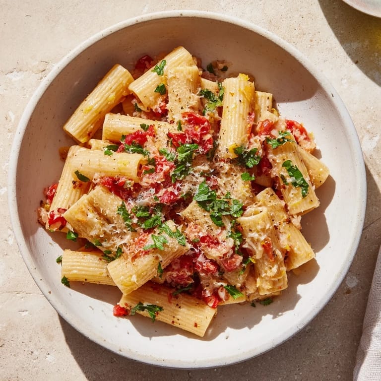 Creamy Parmesan tops this bubbling pot of One-Pot Diavola Spicy Pasta, ready to eat.