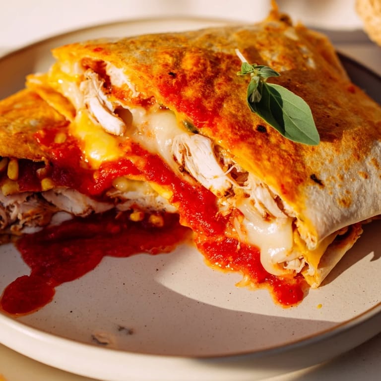 Warm and cheesy: a savory Tortilla Pizza Wrap featuring tender chicken and a flavorful pizza filling.