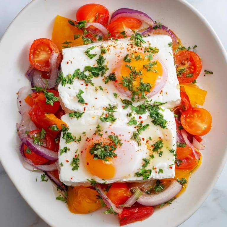 Close-up of baked Mediterranean Feta & Eggs with a runny yolk, perfect for dipping crusty bread in.
