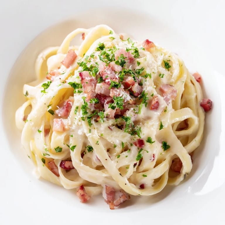A steaming bowl of Creamy Garlic Bacon Pasta, the creamy sauce coating each strand exquisitely.