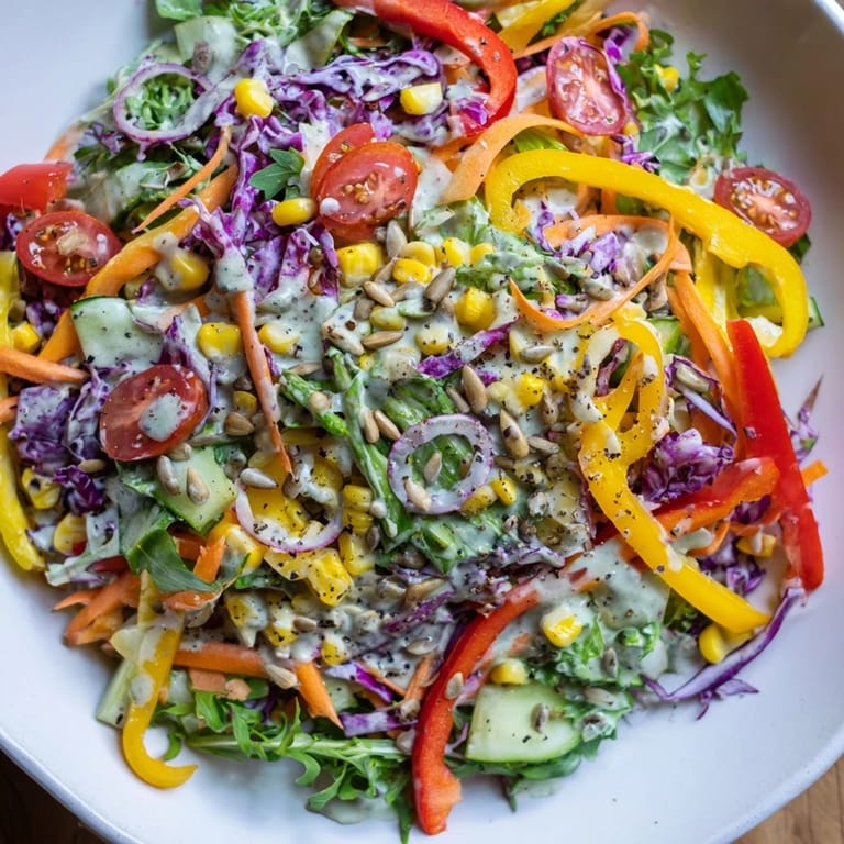 Close-up of rainbow salad, featuring crisp veggies & tahini dressing; perfect for a light lunch.