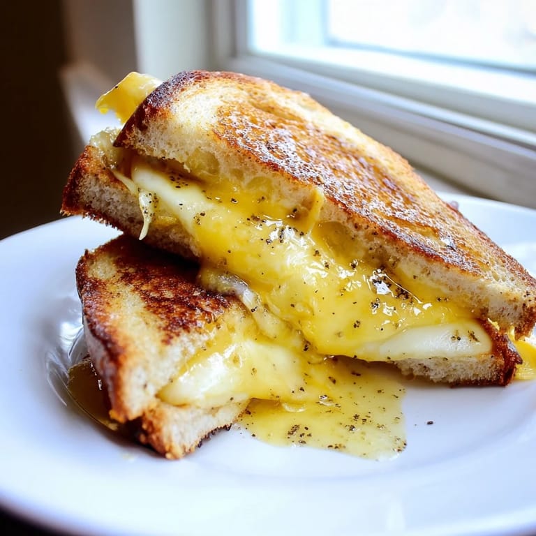 Melting sharp cheddar inside a truffle oil grilled cheese, the perfect comfort food.