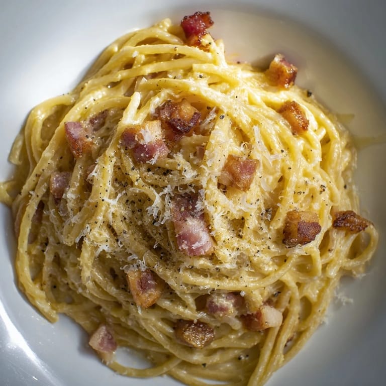 Tender spaghetti carbonara, ready to eat, with crispy bacon bits, showcasing the delicious homemade Express Spaghetti Carbonara.