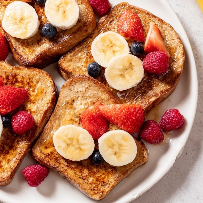 A stack of warm protein French toast, perfectly browned and drizzled with maple syrup.