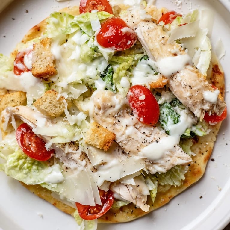 Perfectly cooked Chicken Caesar Flatbread, featuring grilled chicken and melted mozzarella cheese, fresh from the oven.
