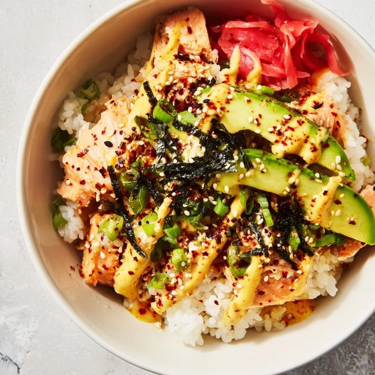 Steaming Classic Salmon Rice topped with sesame seeds and green onions; a complete meal.
