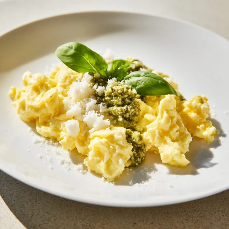 Scrumptious Pesto Cottage Cheese Eggs with the herby aroma of basil, a flavorful gluten-free morning meal.