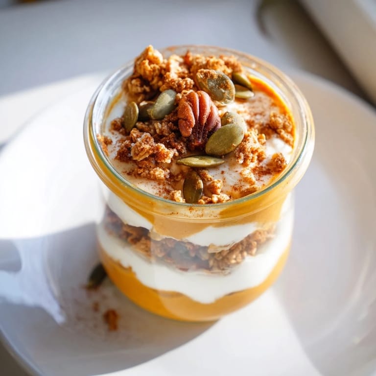 Beautiful layered pumpkin yogurt parfait, showcasing the vibrant colors and textures of fall flavors.